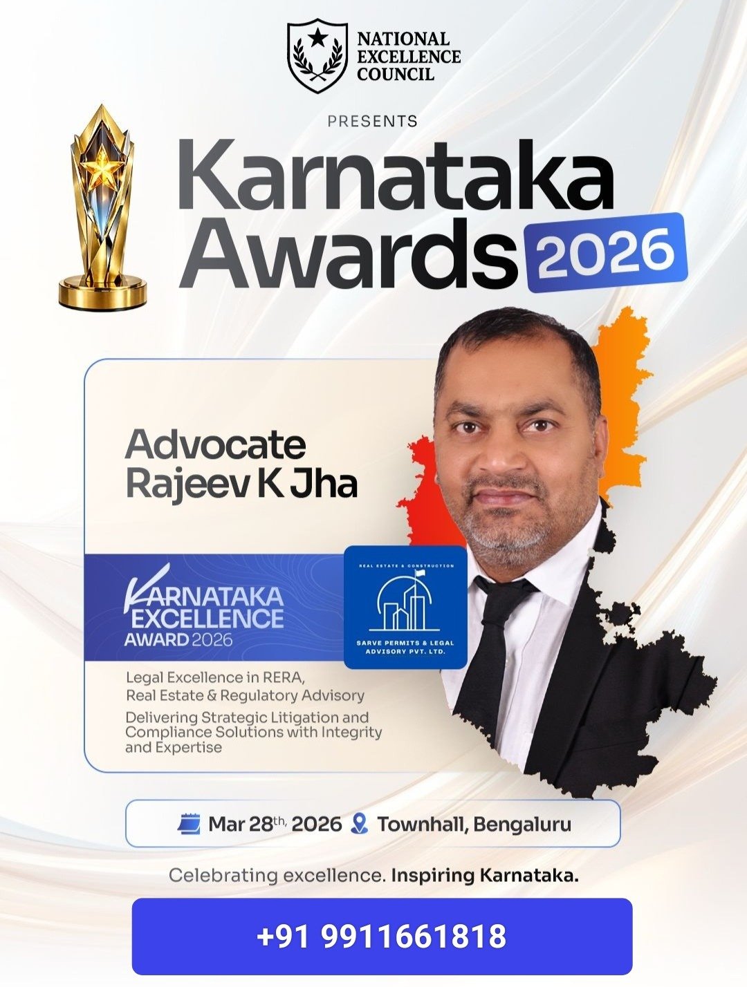 Advocate Rajeev K JhaHonoured with Karnataka Excellence Award 2026 for Landmark Contributions to RERA and Real Estate Law