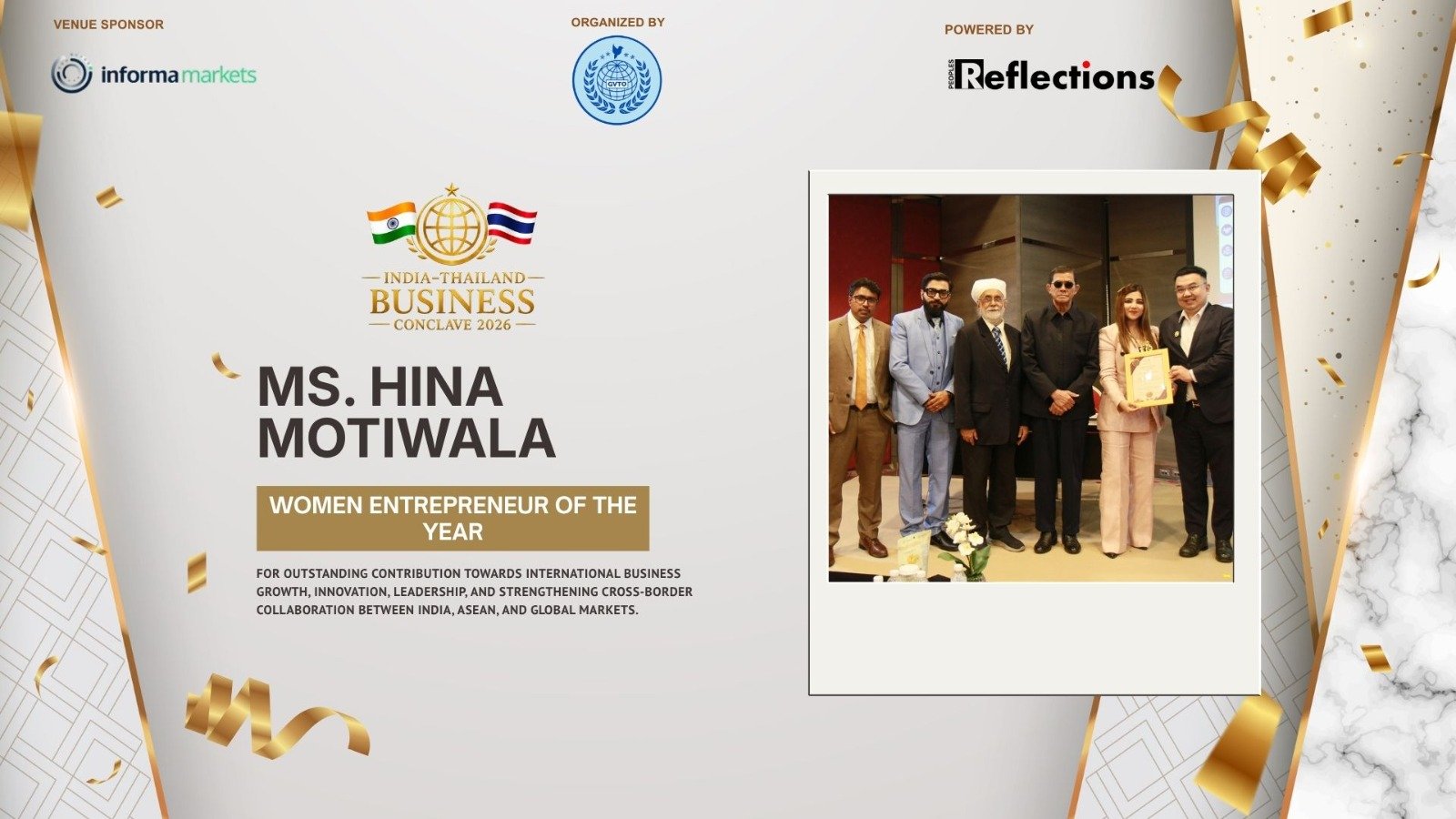 Ms. Hina Motiwala Receives “Women Entrepreneur of the Year” Award at India–Thailand Business Conclave 2026
