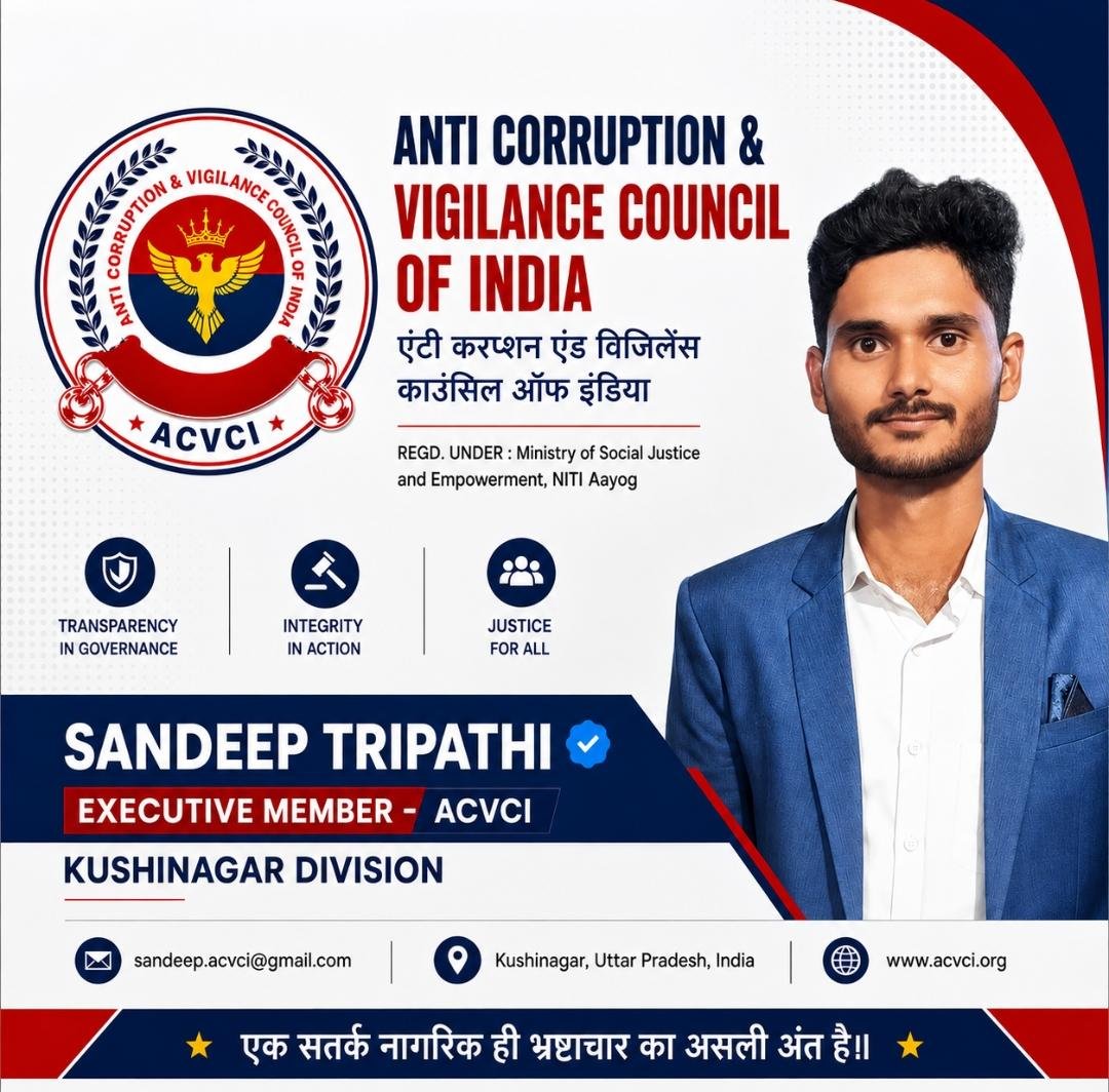 Sandeep Tripathi Appointed as Executive Member of Anti Corruption & Vigilance Council of India (ACVCI) for Kushinagar Division